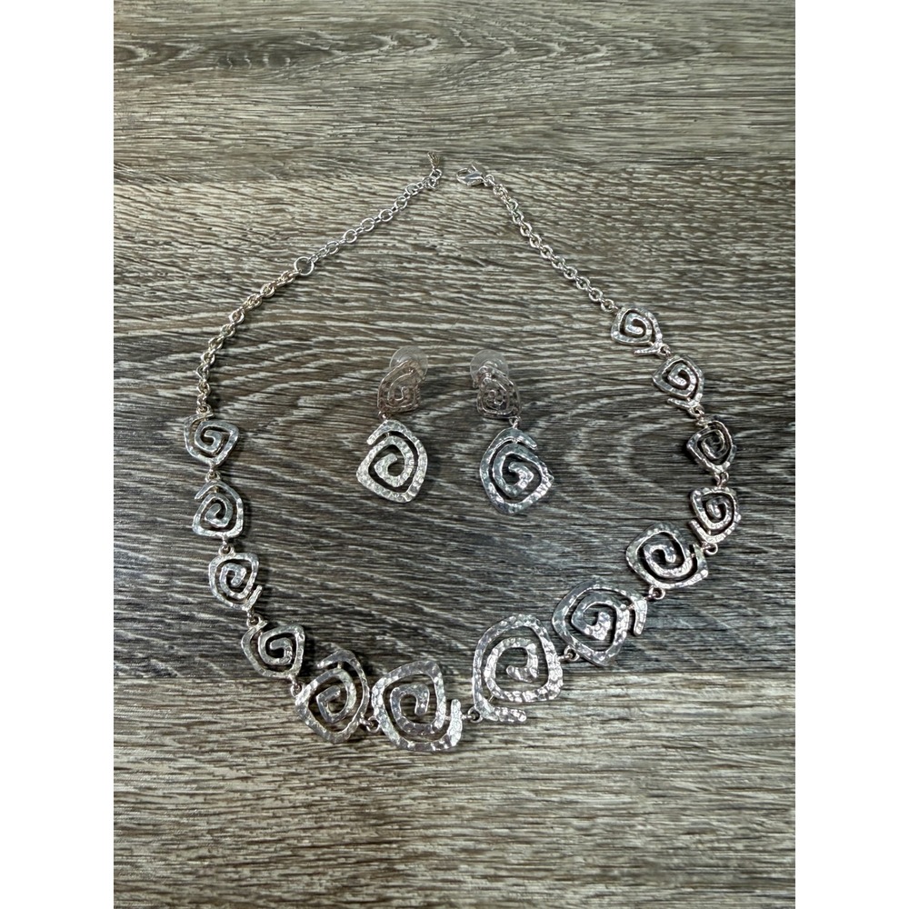 Hammered Silver Tone Spiral Swirl Necklace and Drop Earring Jewelry Set Boho 80s